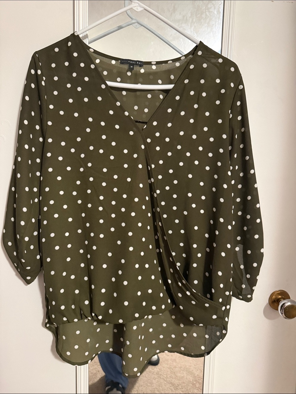 West Kei Olive Green Polka Dot Wrap-Style Blouse